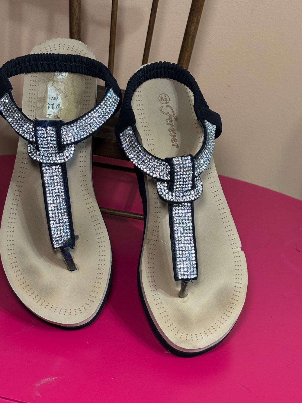 Forever 21 Black Rhinestone T-Strap Sandals